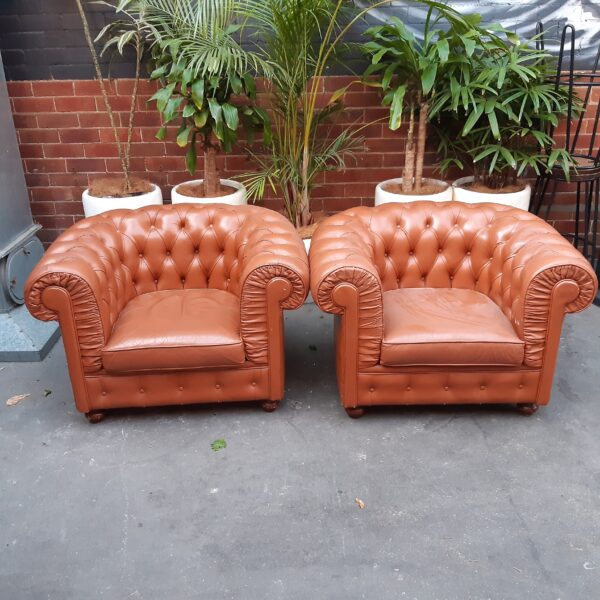Chesterfield Club Sofa & Pair of Armchairs Brown Leather